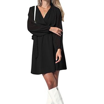 Women's V-Neck Long Sleeve Mini Dress with Sheer Dotted Sleeves and Waist Tie Detail