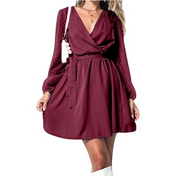 Women's V-Neck Long Sleeve Mini Dress with Sheer Dotted Sleeves and Waist Tie Detail