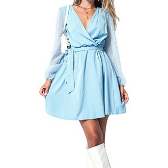 Women's V-Neck Long Sleeve Mini Dress with Sheer Dotted Sleeves and Waist Tie Detail