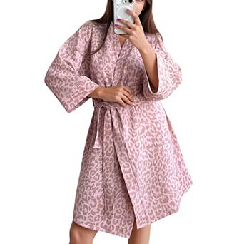 Women's Woven Leopard Print Bath Robe with Waist Tie and Wide Sleeves