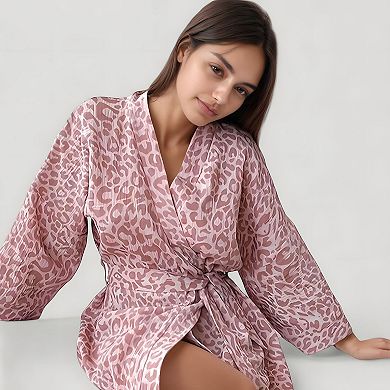 Women's Woven Leopard Print Bath Robe with Waist Tie and Wide Sleeves