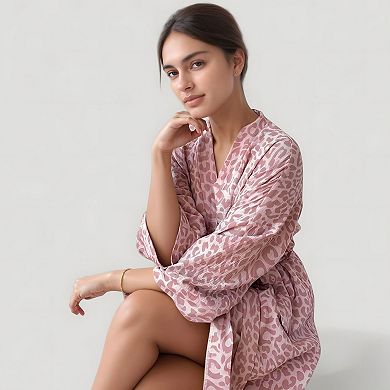 Women's Woven Leopard Print Bath Robe with Waist Tie and Wide Sleeves