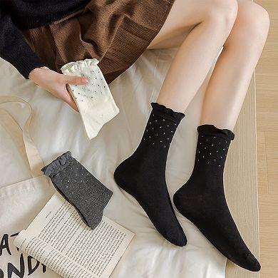 Women's 4 Pairs Knit Socks with Polka Dot Design Ruffle Edge Ribbed Cuffs Soft Stretch Fabric