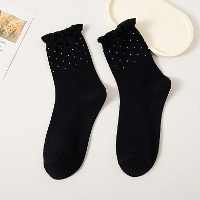 Women's 4 Pairs Knit Socks with Polka Dot Design Ruffle Edge Ribbed Cuffs Soft Stretch Fabric