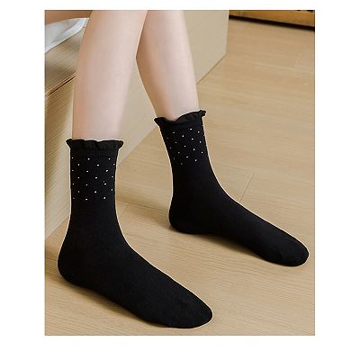 Women's 4 Pairs Knit Socks with Polka Dot Design Ruffle Edge Ribbed Cuffs Soft Stretch Fabric