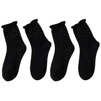 Women's 4 Pairs Knit Socks with Polka Dot Design Ruffle Edge Ribbed Cuffs Soft Stretch Fabric