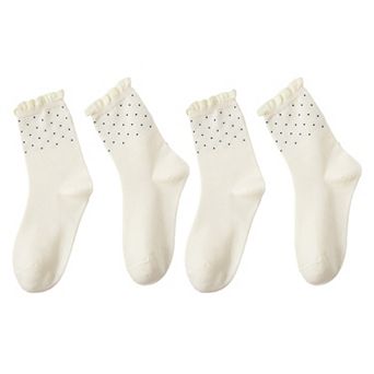 Women's 4 Pairs Knit Socks with Polka Dot Design Ruffle Edge Ribbed Cuffs Soft Stretch Fabric