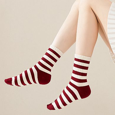 Women's 4 Pairs Striped and Solid Socks with Bow Embroidery Ribbed Cuffs and Soft Stretch Fabric