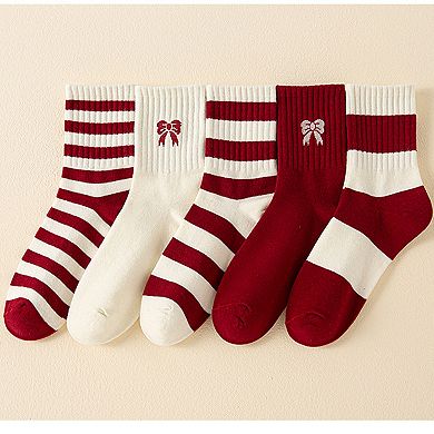 Women's 4 Pairs Striped and Solid Socks with Bow Embroidery Ribbed Cuffs and Soft Stretch Fabric