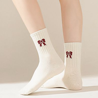 Women's 4 Pairs Striped and Solid Socks with Bow Embroidery Ribbed Cuffs and Soft Stretch Fabric
