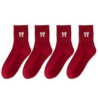 Women's 4 Pairs Striped and Solid Socks with Bow Embroidery Ribbed Cuffs and Soft Stretch Fabric