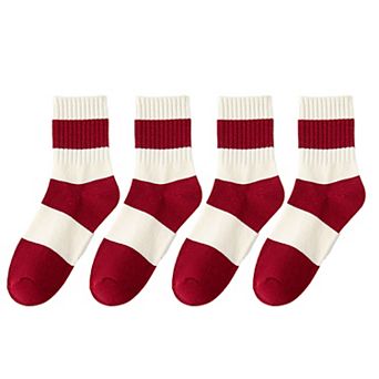 Women's 4 Pairs Striped and Solid Socks with Bow Embroidery Ribbed Cuffs and Soft Stretch Fabric