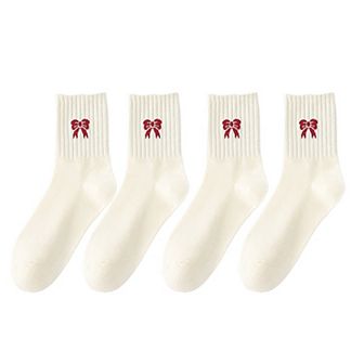 Women's 4 Pairs Striped and Solid Socks with Bow Embroidery Ribbed Cuffs and Soft Stretch Fabric