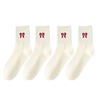Women's 4 Pairs Striped and Solid Socks with Bow Embroidery Ribbed Cuffs and Soft Stretch Fabric