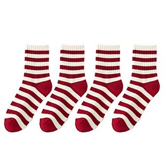 Women's 4 Pairs Striped and Solid Socks with Bow Embroidery Ribbed Cuffs and Soft Stretch Fabric