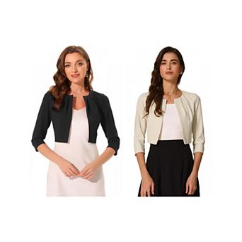 2 Packs 3/4 Sleeve Shrug Top for Women Collarless Pleated Open Front Cropped Cardigan