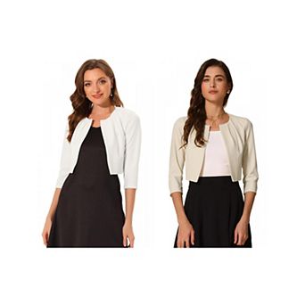 2 Packs 3/4 Sleeve Shrug Top for Women Collarless Pleated Open Front Cropped Cardigan