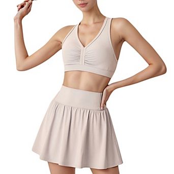 Women's Two-Piece Activewear Set with V-Neck Ruched Sports Bra and High Waist Flare Skirt