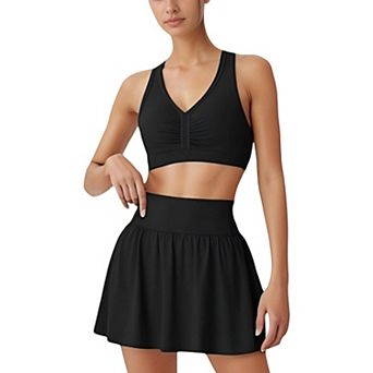 Women's Two-Piece Activewear Set with V-Neck Ruched Sports Bra and High Waist Flare Skirt
