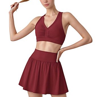 Women's Two-Piece Activewear Set with V-Neck Ruched Sports Bra and High Waist Flare Skirt
