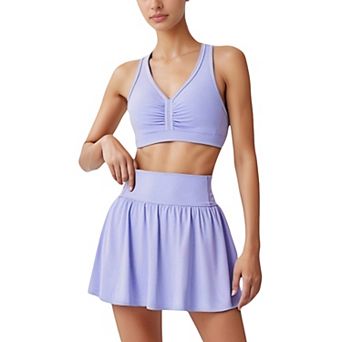 Women's Two-Piece Activewear Set with V-Neck Ruched Sports Bra and High Waist Flare Skirt