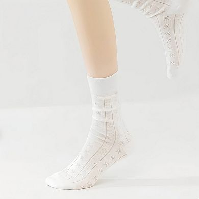 Women's 3-Pair Ribbed Crew Socks with Embroidered Bow Knit Texture in Neutral Shades