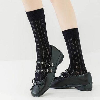 Women's 3-Pair Ribbed Crew Socks with Embroidered Bow Knit Texture in Neutral Shades