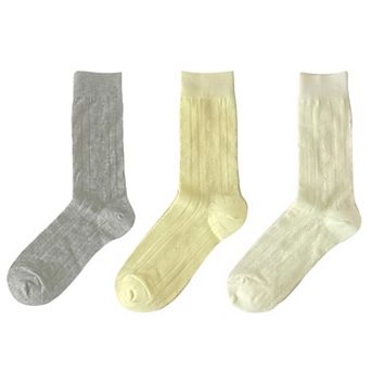 Women's 3-Pair Ribbed Crew Socks with Embroidered Bow Knit Texture in Neutral Shades