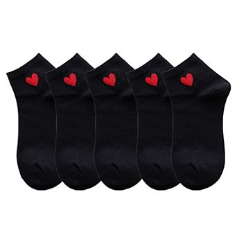Women's 5-Pair Ankle Socks with Ribbed Cuff and Embroidered Heart Accent for Everyday Comfort
