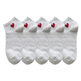 Women's 5-Pair Ankle Socks with Ribbed Cuff and Embroidered Heart Accent for Everyday Comfort