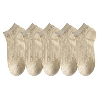Women's 5-Pair Knit Ankle Socks with Delicate Heart Pattern and Ruffled Cuff Detail