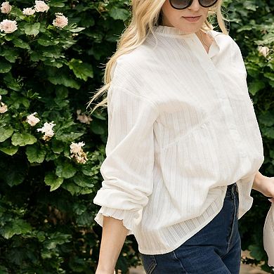 Women's Long Sleeve Button Down Blouse with Band Collar and Subtle Textured Stripe Design