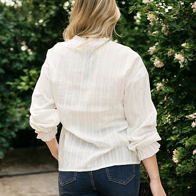 Women's Long Sleeve Button Down Blouse with Band Collar and Subtle Textured Stripe Design