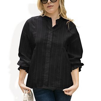 Women's Long Sleeve Button Down Blouse with Band Collar and Subtle Textured Stripe Design