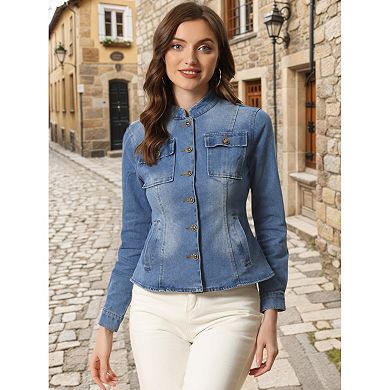 2 Packs Casual Denim Jacket for Women's Classic Stand Collar Long Sleeve Jean Jackets