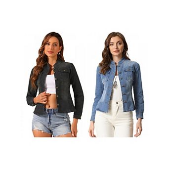 2 Packs Casual Denim Jacket for Women's Classic Stand Collar Long Sleeve Jean Jackets