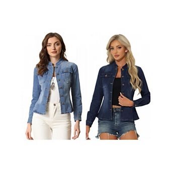 2 Packs Casual Denim Jacket for Women's Classic Stand Collar Long Sleeve Jean Jackets