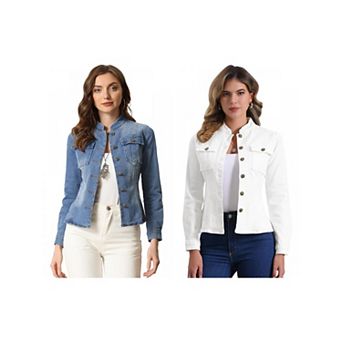 2 Packs Casual Denim Jacket for Women's Classic Stand Collar Long Sleeve Jean Jackets