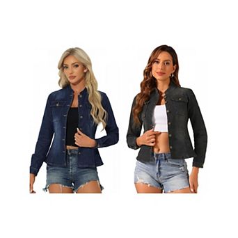 2 Packs Casual Denim Jacket for Women's Classic Stand Collar Long Sleeve Jean Jackets