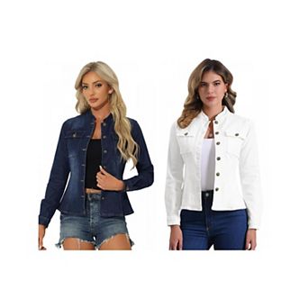 2 Packs Casual Denim Jacket for Women's Classic Stand Collar Long Sleeve Jean Jackets