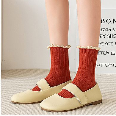 Women's 4 Pairs Knit Socks with Ribbed Texture Lace Ruffle Trim Ribbed Cuffs Soft Stretch Fabric