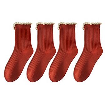 Women's 4 Pairs Knit Socks with Ribbed Texture Lace Ruffle Trim Ribbed Cuffs Soft Stretch Fabric