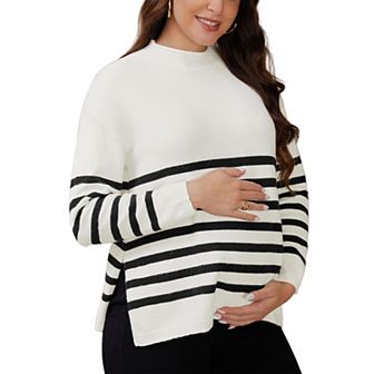 Women's Maternity Sweater Tops Long Sleeve Shirts Side Slit Ribbed Knit Mock Neck Pullover Pregnancy