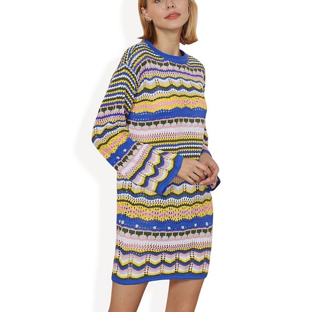 Women's Long Sleeve Knit Sweater Dress with Colorful Striped Pattern and  Relaxed Fit