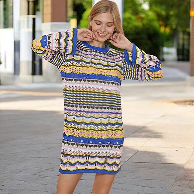 Women's Long Sleeve Knit Sweater Dress with Colorful Striped Pattern and Relaxed Fit