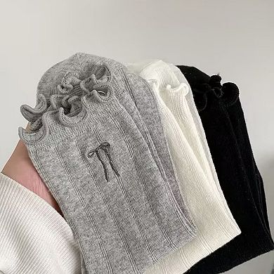 Women's 6-Pack Ruffle Trim Crew Socks with Ribbed Texture and Delicate Bow Accent