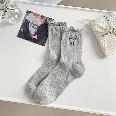 Women's 6-Pack Ruffle Trim Crew Socks with Ribbed Texture and Delicate Bow Accent