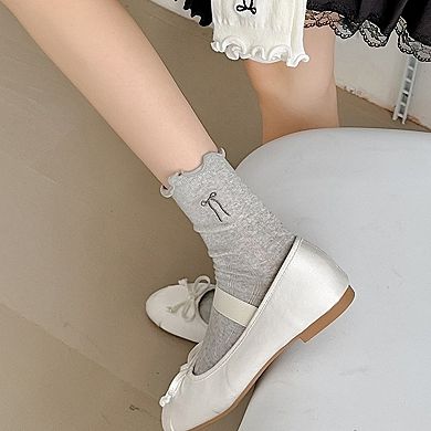 Women's 6-Pack Ruffle Trim Crew Socks with Ribbed Texture and Delicate Bow Accent