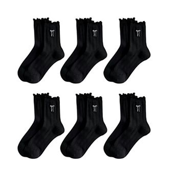 Women's 6-Pack Ruffle Trim Crew Socks with Ribbed Texture and Delicate Bow Accent