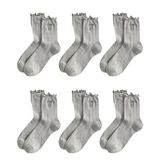 Women's 6-Pack Ruffle Trim Crew Socks with Ribbed Texture and Delicate Bow Accent
